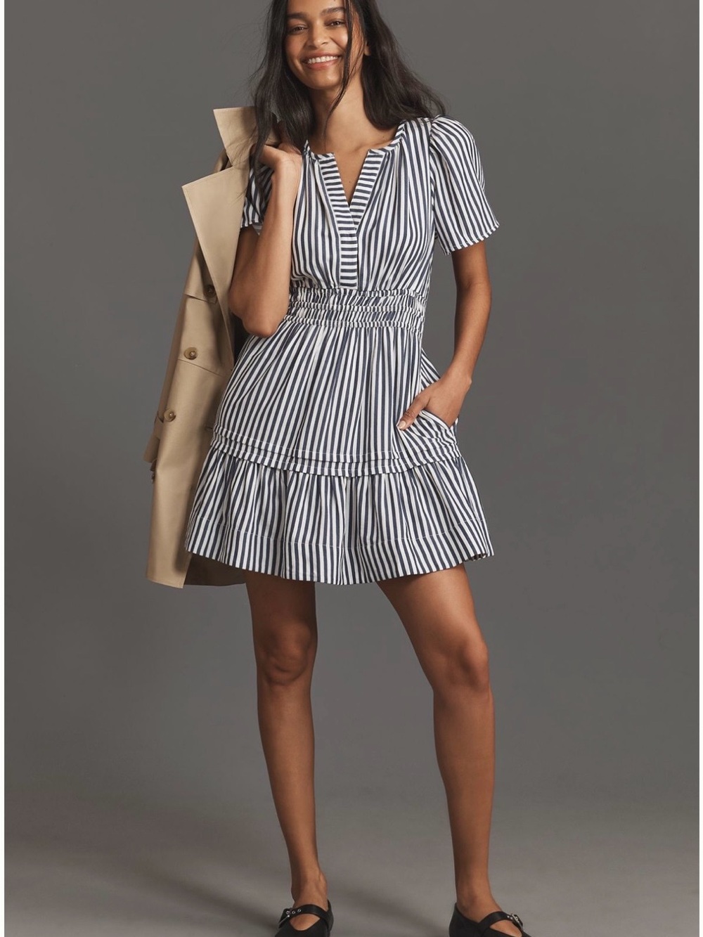 Anthropologie Somerset Mini- Blue & White Striped Smocked-Waist Dress